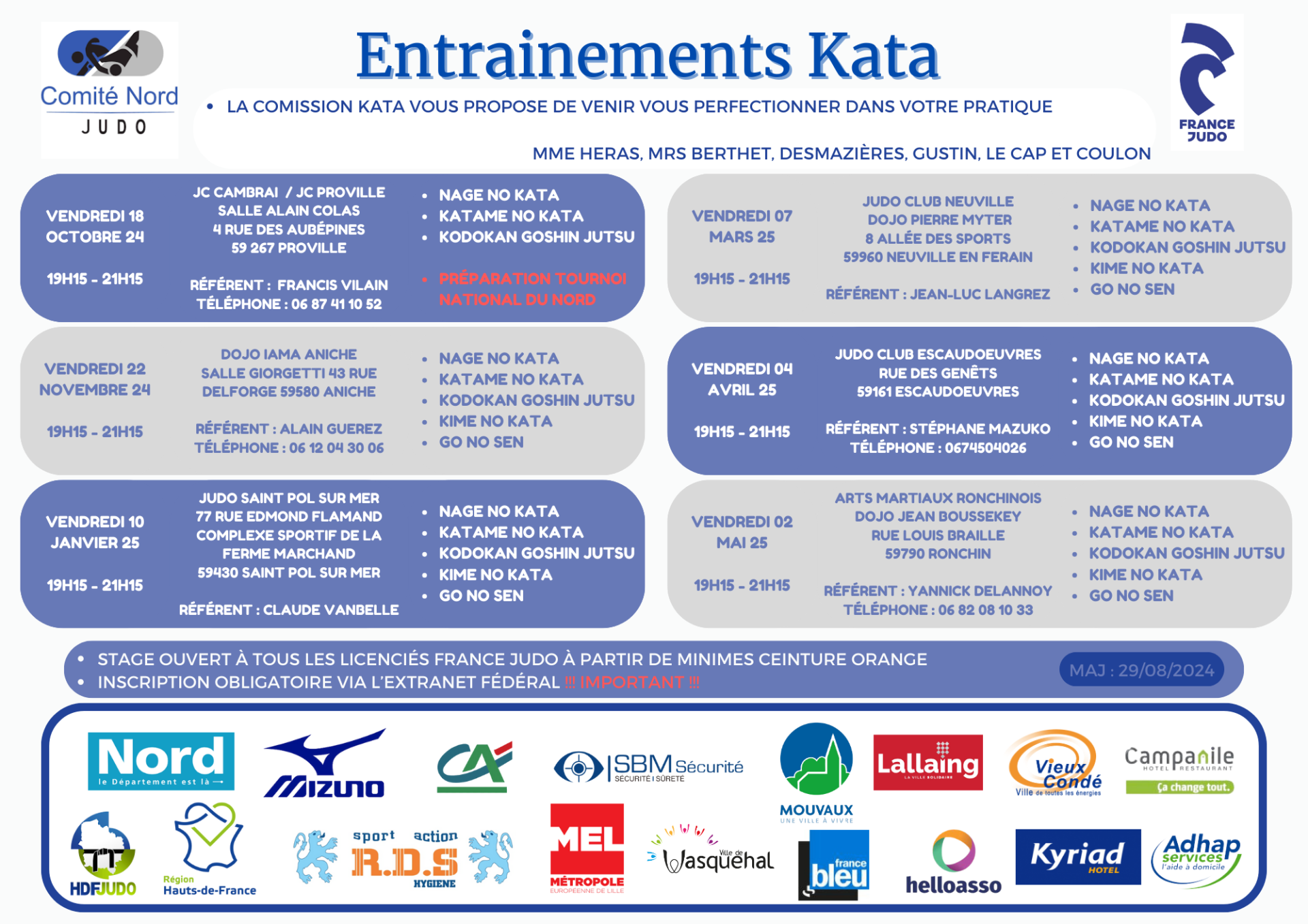 Calendrier entraînements décentralisés kata